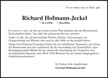 Traueranzeige von Richard Hofmann-Jeckel von Trauerportal Rhein Main Presse