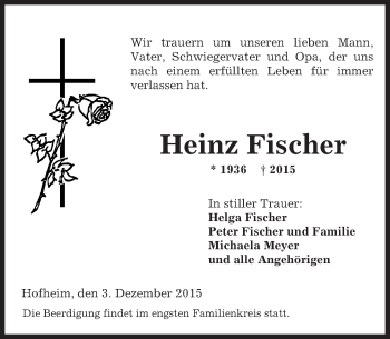Traueranzeige von Heinz Fischer von  Hofheimer Zeitung