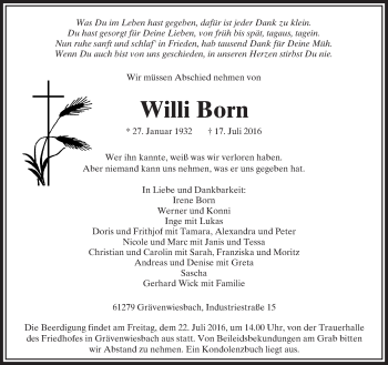 Traueranzeige von Willi Born von  Usinger Anzeiger