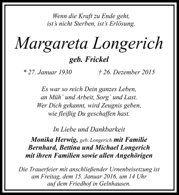 Traueranzeige von Margareta Longerich von  Gelnhäuser Tageblatt