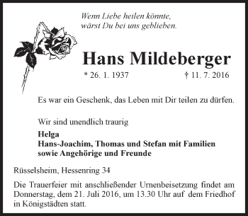 Traueranzeige von Hans Mildeberger von Trauerportal Rhein Main Presse