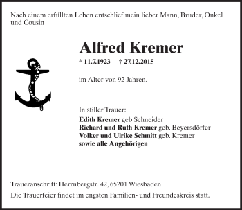 Traueranzeige von Alfred Kremer von  Wiesbaden komplett