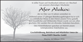 Traueranzeige von Afer Alakoc von trauer.rmp.de