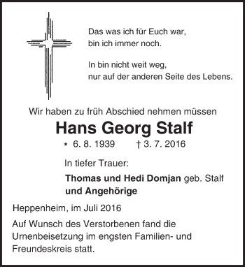 Traueranzeige von Hans Georg Stalf von Trauerportal Echo Online
