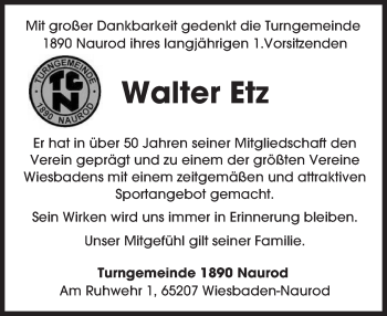Traueranzeige von Walter Etz von  Wiesbaden komplett