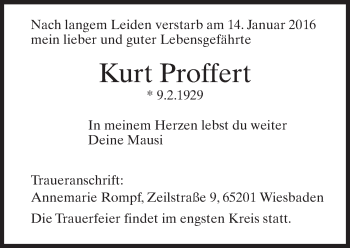 Traueranzeige von Kurt Proffert von  Wiesbaden komplett