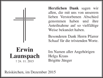 Traueranzeige von Erwin Launspach von  Gießener Anzeiger