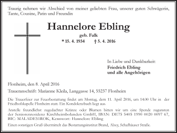 Traueranzeige von Hannelore Ebling von  Allgemeine Zeitung Alzey