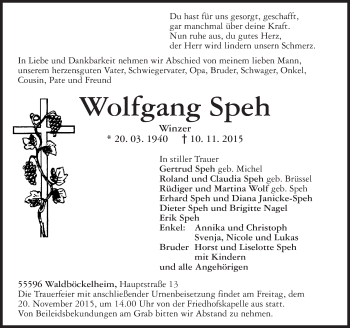 Traueranzeige von Wolfgang Speh von  Allg. Zeitung Bad Kreuznach