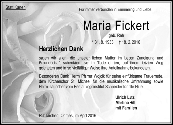 Traueranzeige von Maria Fickert von  OK Oberhessen Kurier