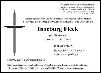 Traueranzeige von Ingeburg Fleck von  Allgemeine Zeitung Mainz