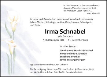 Traueranzeige von Irma Schnabel von  Idsteiner Zeitung
