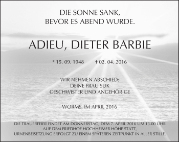 Traueranzeige von Dieter Barbie von  Wormser Zeitung