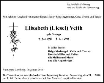 Traueranzeige von Elisabeth Veith von  Allgemeine Zeitung Mainz