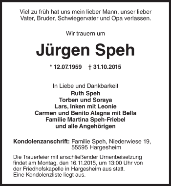 Traueranzeige von Jürgen Speh von  Allg. Zeitung Bad Kreuznach