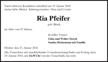 Traueranzeige von Ria Pfeifer von  Kreisanzeiger