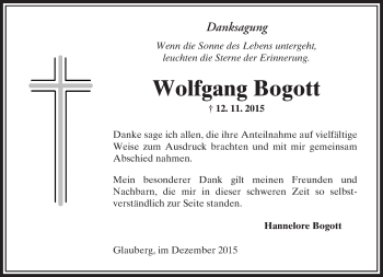 Traueranzeige von Wolfgang Bogott von  Sonntags Anzeiger