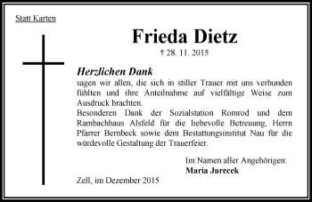 Traueranzeige von Frieda Dietz von  OK Oberhessen Kurier