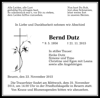 Traueranzeige von Bernd Dutz von  Gießener Anzeiger