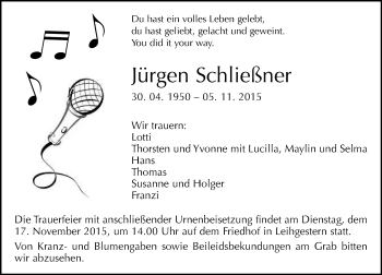 Traueranzeige von Jürgen Schließner von  Gießener Anzeiger