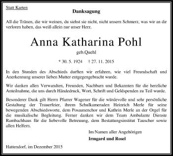 Traueranzeige von Anna Katharina Pohl von VRM Trauer
