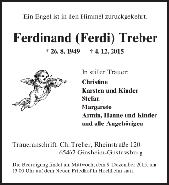 Traueranzeige von Ferdinand Treber von  Allgemeine Zeitung Mainz