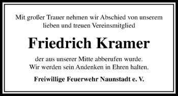 Traueranzeige von Friedrich Kramer von  Usinger Anzeiger