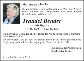Traueranzeige von Traudel Bender von  Allgemeine Zeitung Alzey