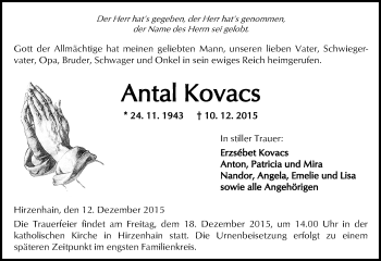Traueranzeige von Antal Kovacs von  Kreisanzeiger