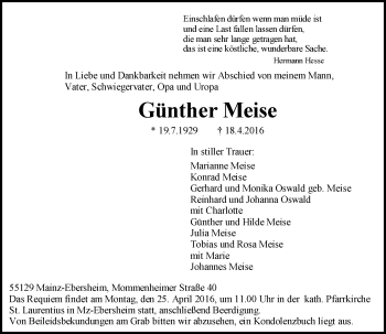 Traueranzeige von Günther Meise von  Allgemeine Zeitung Mainz