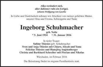 Traueranzeige von Ingeborg Schuhmacher von  Wiesbaden komplett