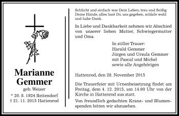 Traueranzeige von Marianne Gemmer von  Gießener Anzeiger