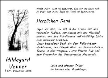 Traueranzeige von Hildegard Vetter von  Usinger Anzeiger