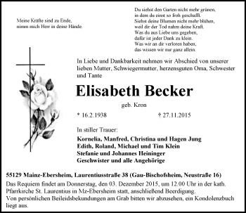Traueranzeige von Elisabeth Becker von  Allgemeine Zeitung Mainz