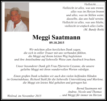 Traueranzeige von Meggi Saatmann von  Usinger Anzeiger