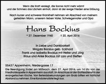 Traueranzeige von Hans Bockius von  Allgemeine  Zeitung Ingelheim-Bingen