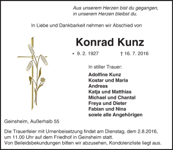 Traueranzeige von Konrad Kunz von Trauerportal Echo Online