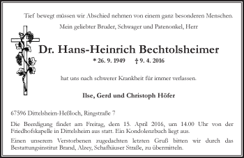 Traueranzeige von Hans-Heinrich Bechtolsheimer von  Wormser Zeitung