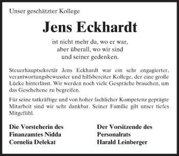 Traueranzeige von Jens Eckhardt von  Kreisanzeiger