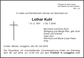 Traueranzeige von Lothar Kuhl von  Gießener Anzeiger