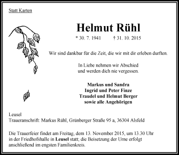 Traueranzeige von Helmut Rühl von VRM Trauer