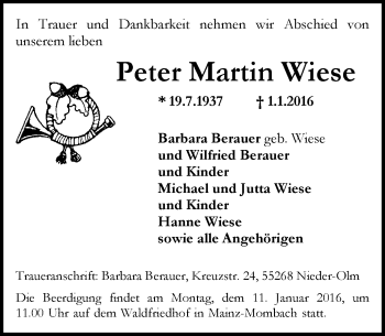 Traueranzeige von Peter Martin Wiese von  Allgemeine Zeitung Mainz