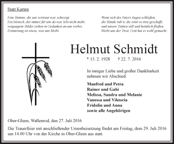 Traueranzeige von Helmut Schmidt von VRM Trauer