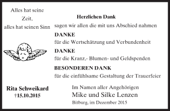 Traueranzeige von Rita Schweikard von  Allgemeine  Zeitung Ingelheim-Bingen