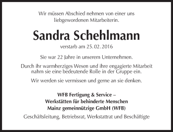Traueranzeige von Sandra Schehlmann von trauer.rmp.de