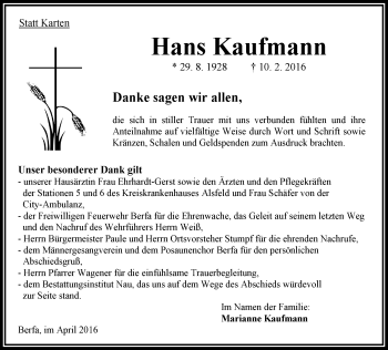 Traueranzeige von Hans Kaufmann von  OK Oberhessen Kurier