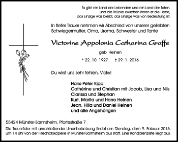 Traueranzeige von Victorine Appolonia Catharina Graffe von  Allgemeine  Zeitung Ingelheim-Bingen