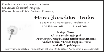Traueranzeige von Hans Joachim Bruhn von  Wiesbaden komplett
