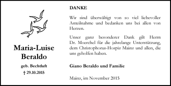 Traueranzeige von Maria-Luise Beraldo von  Allgemeine Zeitung Mainz