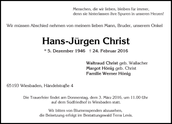 Traueranzeige von Hans-Jürgen Christ von  Wiesbaden komplett